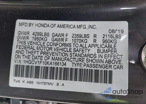 2019 Honda Accord Lx из США, поврежденный, VIN 1HGCV1F10KA166134